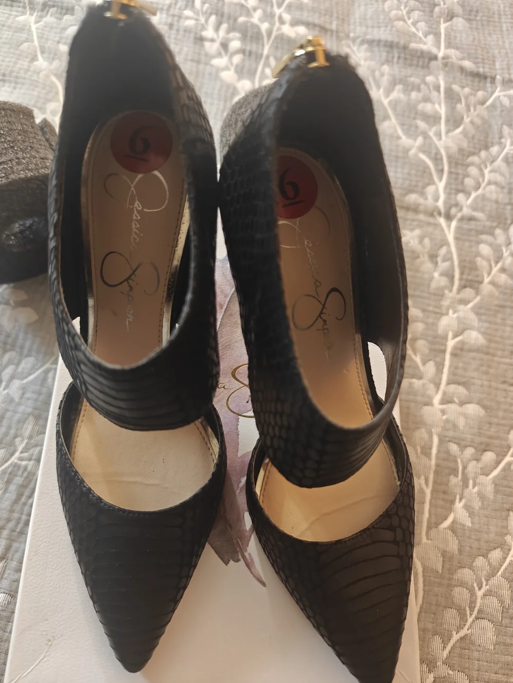 Jessica Simpson Black Textured Pointed Toe Heels with Ankle Strap